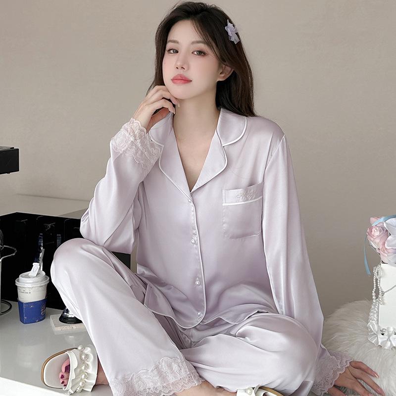 Women s Ice Silk Pajama Set with Lace Trim and French Crescent Embroidery Medium