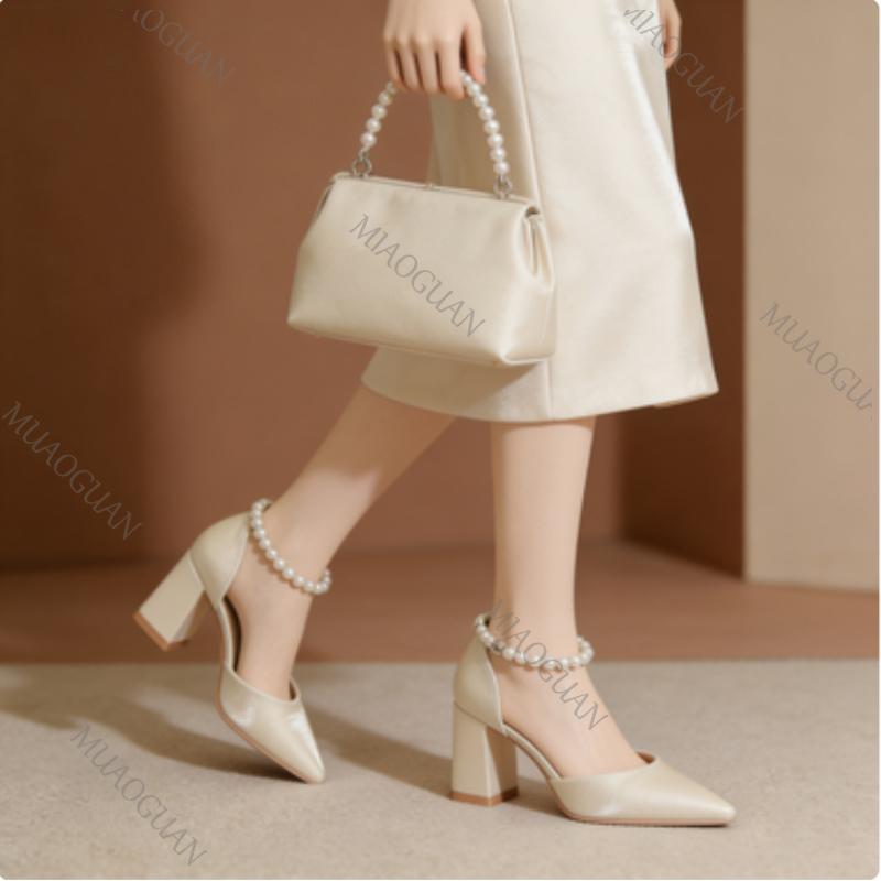 2026 New Elegant Pearl-Embellished Pumps Fashion Heels Chunky Bridal Shoes with Adjustable Ankle chain Female Footwears