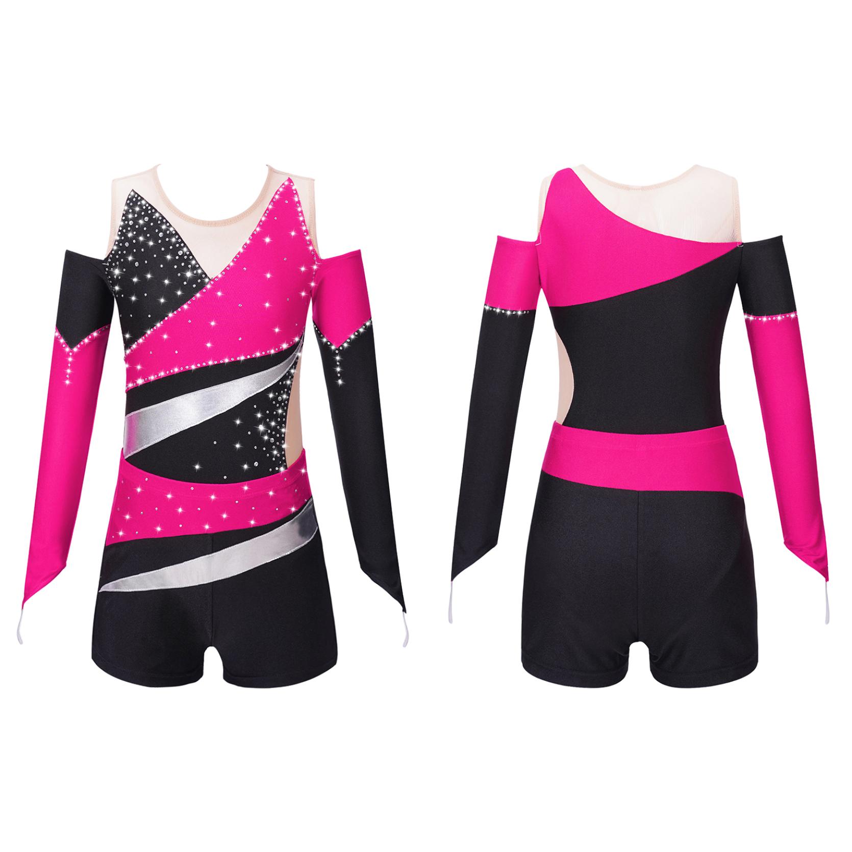 

Детское боди для танцев для девочек, балетный комбинезон с длинными рукавами и открытыми плечами в стиле пэчворк, комбинезон с шортами 5-6 Years розовый