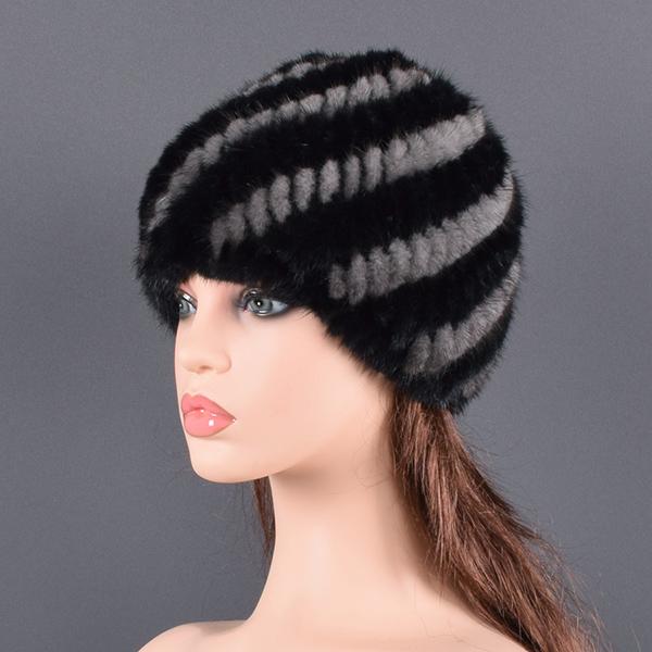 Real Natural Mink Hats for Women Winter Knitting Ear Warm Two-color Match Cap Cross-weave With New Fashion fur hat