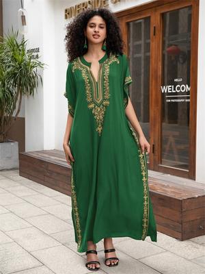Chic Gold Embroidered Sexy V Neck Plus Size Kaftan Robe 2024 Women's Cozy Vacation Outfits Beach Dress Swimsuit Cover Up Q1667