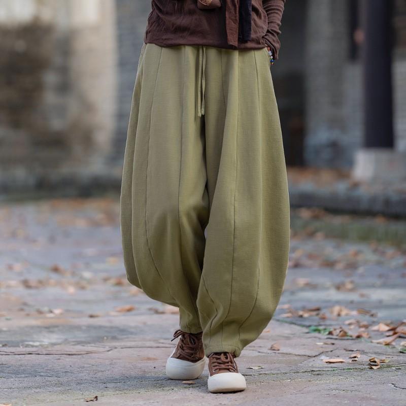 Johnature Women Vintage Bloomers Pants Solid Color Loose Trousers Winter Elastic Waist Chinese Style Pants