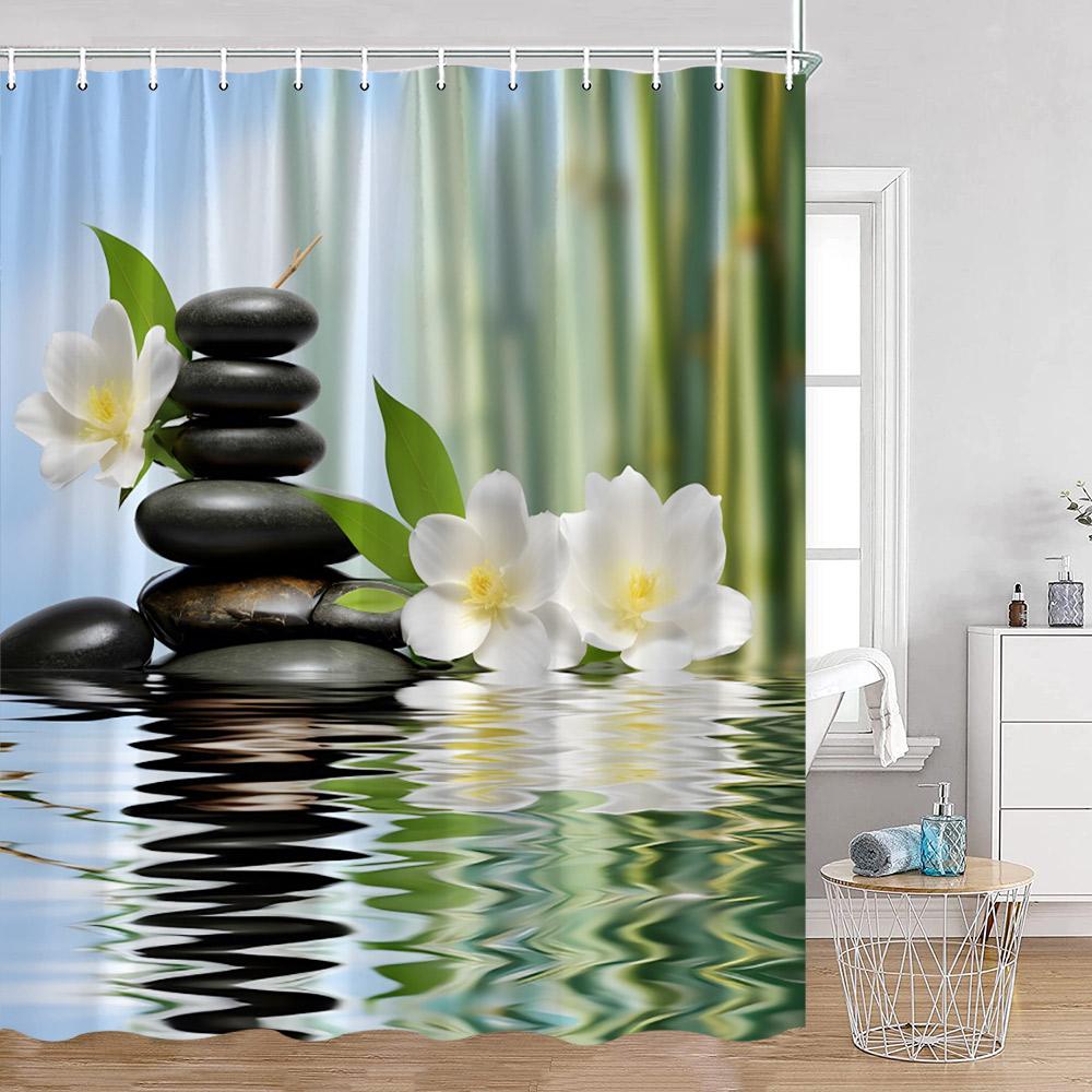 Zen Zasłony Prysznicowe Czarny Kamień Zielony Bambus Lotos Spa Świeca Fioletowa Orchidea Naturalny Liść Zasłona Łazienkowa Medytacja Wystrój Kąpieli