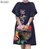 ZANZEA Women Casual Mesh Splice Short Sleeve Summer Floral Dress