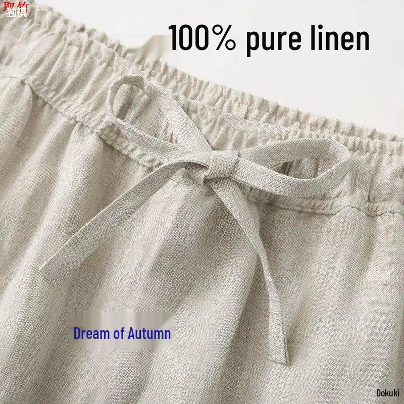 Men's Loose Cotton Linen Summer Pants, Straight Leg, Black