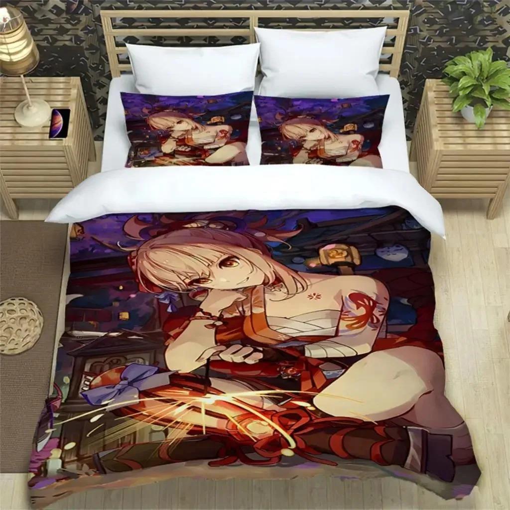 Genshin Impact Print 3 Piece Bedding Set For Boys Adults Quilt Cover Pillowcases Soft Comfortable Fashion Bedding