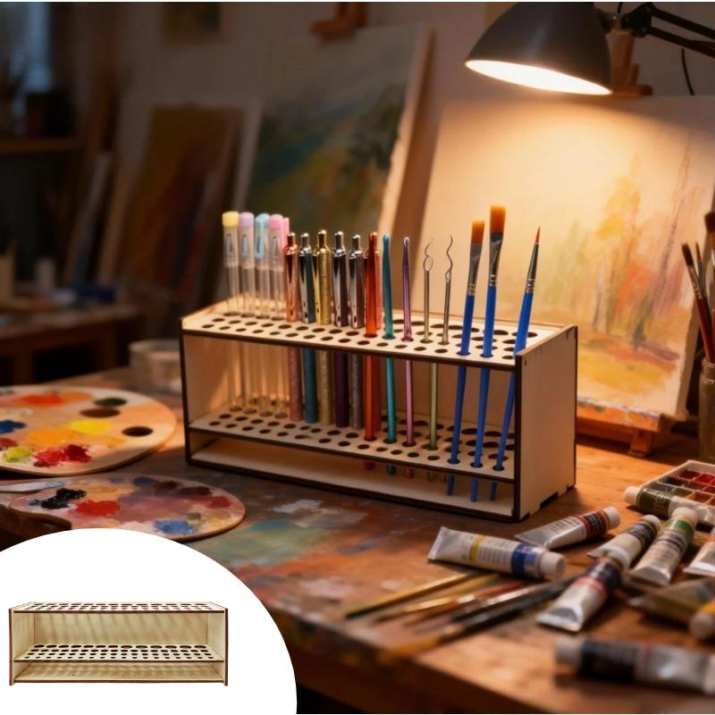 67 Slot Wooden Brush Holder Double Layer Storage for Artist Paint Brushes Pencils Professional Desk Organizer Art Craft Supplies