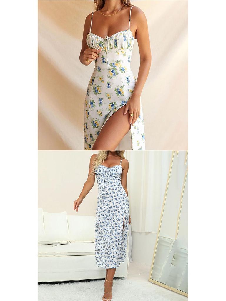 2026 Spring European & American Women's Sexy Printed Lace-up Slit Camisole Dress