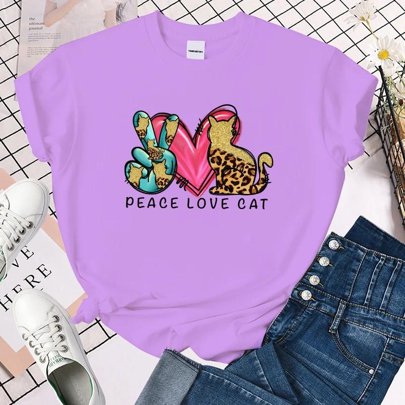 (Premium T-shirt)Peace Love Cat Letter Printed Women T-Shirts Peace Love Cat Short Sleeve Shirts Summer Round Neck Tee Shirt Top