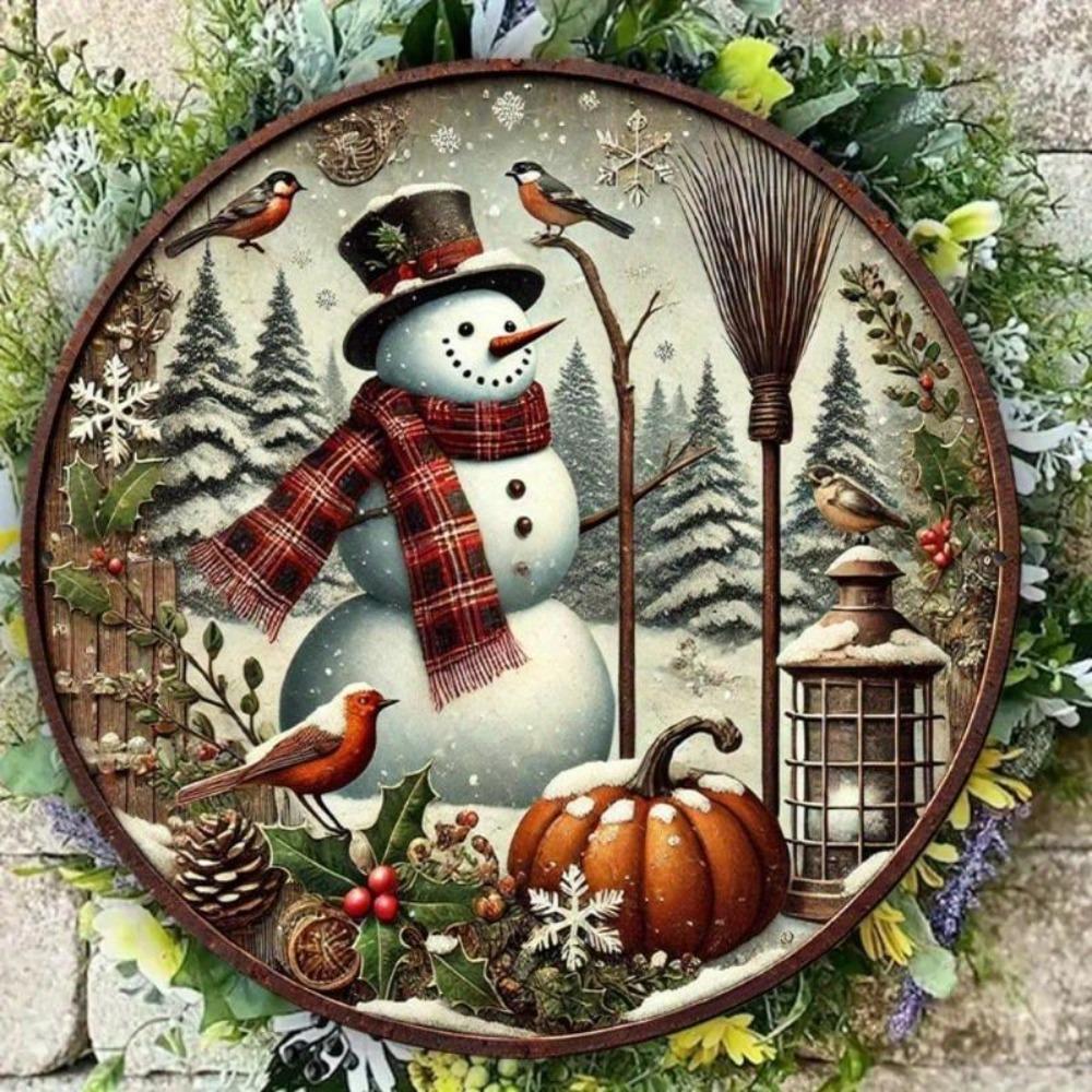 Vintage Tin Wall Sign Snowman Christmas Round Metal Decor 7.8 Inch Home Ornament