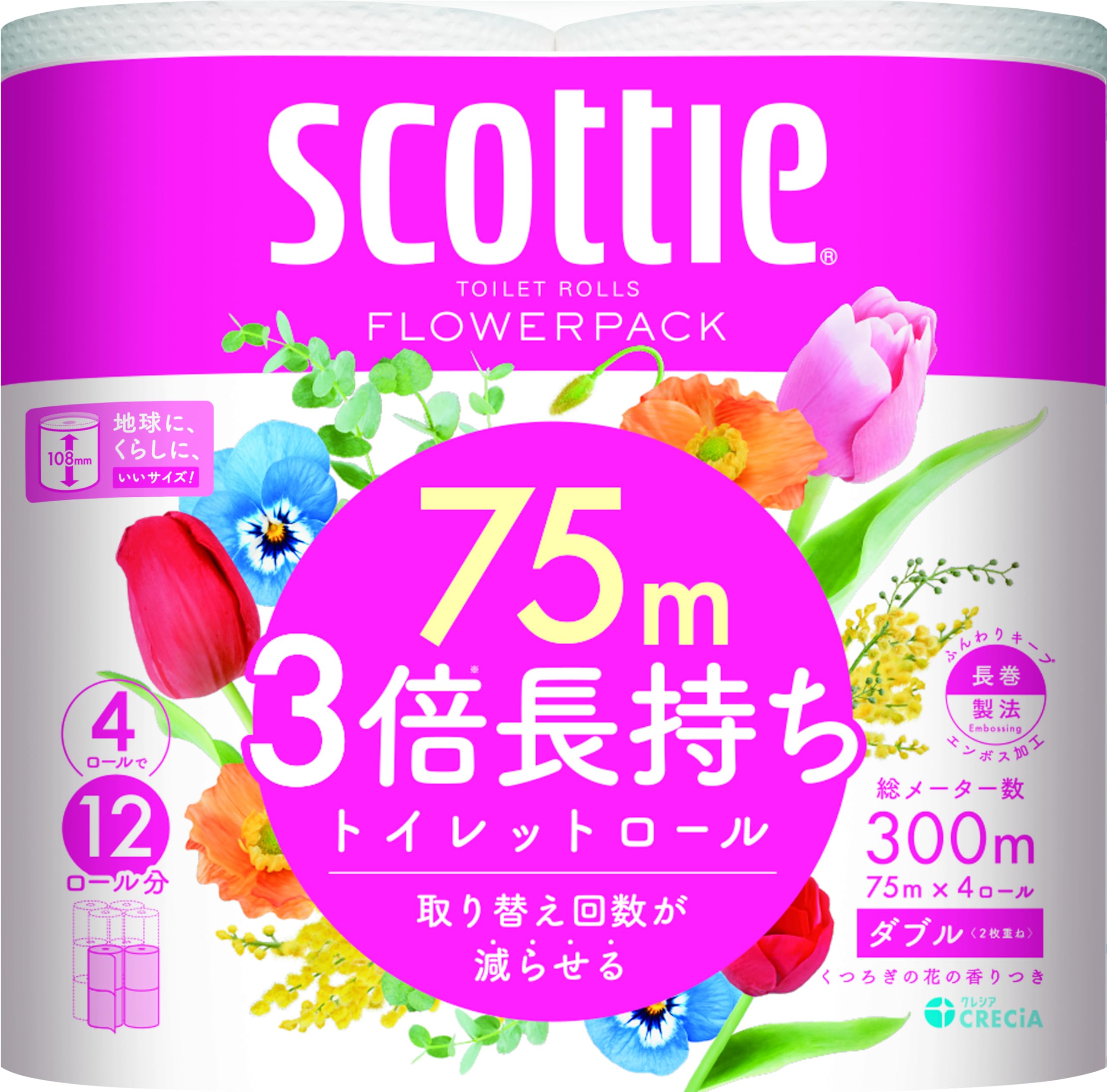 Scotty Flower Pack 3x Longer Lasting Toilet 4 75m White Paper, Rolls, Double,