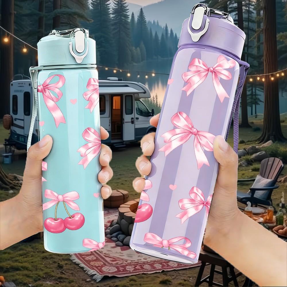 1PC Pink Bow Ribbon Seamless Print 750ml Color Plastic Sports Water Bottle Leakproof Flip Straw Lid Suitable for Sports Office Home Use