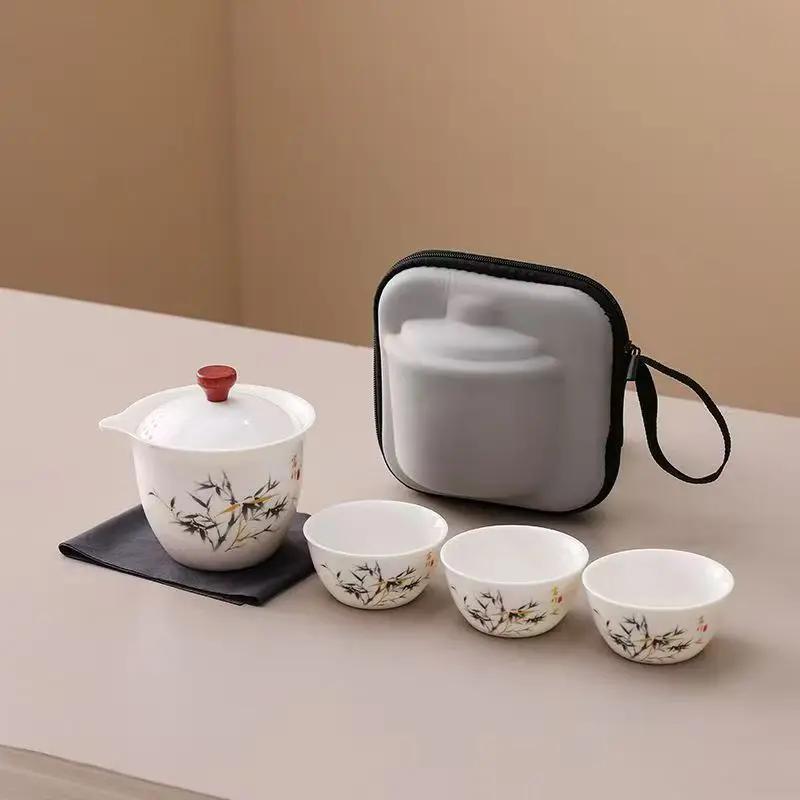 White Porcelain Tea Set, Including Gongfu Teapot and Tea Cup Set, Quick Guest Cup Storage Bag, Portable Travel Tea Set