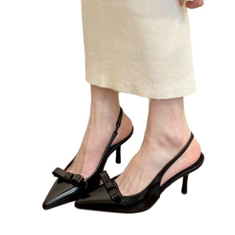 Neu 2025 spitze Zehenpartie flacher Ausschnitt Schleife dünner Absatz High Heels Damen Fersenriemen Lackleder Mode Trage-Sandalen Damen