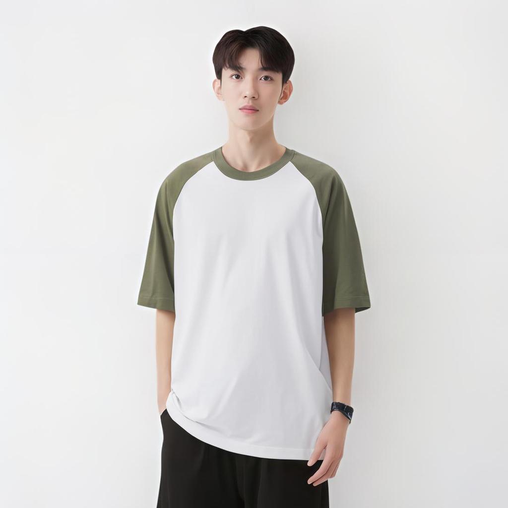 UNIQLO Loose Fit Color Block Raglan Short Sleeve T-Shirt Men tops Olive 457833-56