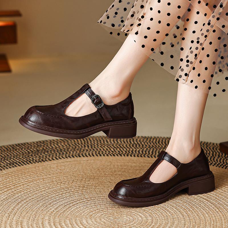 Krazing Pot Sheepskin Round Toe Size 42 Thick Med Heels Slip on Platform Gladiator Metal Buckle Autumn Pumps