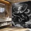 Black And White Art Storm Sea Terrible Octopus Shower Curtain Fantasy Bathroom Decoration, With 12 Hooks, Shower Curtain