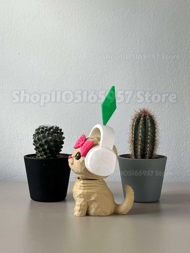 3D Printed Sim-S Cat Figurine With Headphones & Plumbob Decor-Cute Geometric Kitten Statue,Home Desk Decor,Kawaii Accents Gift