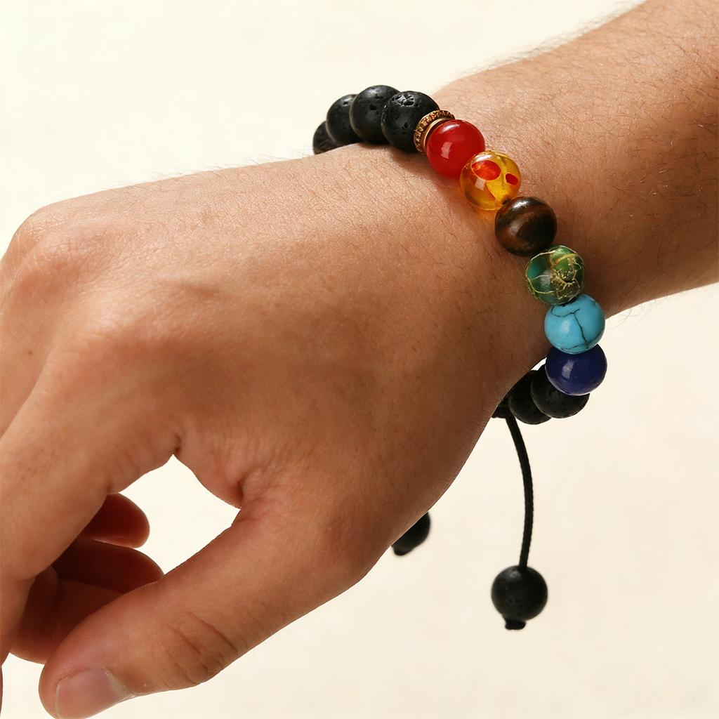 Pulseira de fio, pulseira trançada de pedra vulcânica arco-íris, pulseira de contas de pedra de energia yoga de sete pulsos, presente de Natal, presente de Dia dos Namorados