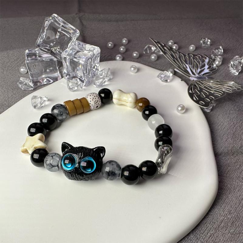 Cute Black Cat Beaded Bracelet For Women Men Black White Beads Cartoon Animal Couple Bracelet Trendy Jewelry Lovers Gift