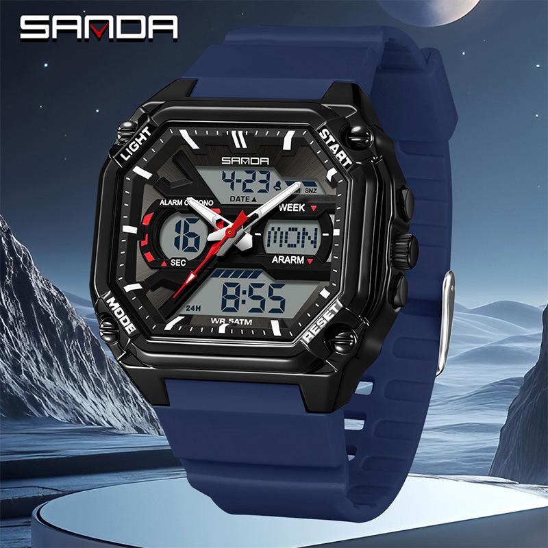 Sanda Men's Multifunctional Waterproof Electronic Watch - Trendy Timer with Dual Display & Three-Time Zone Outdoor Alarm.