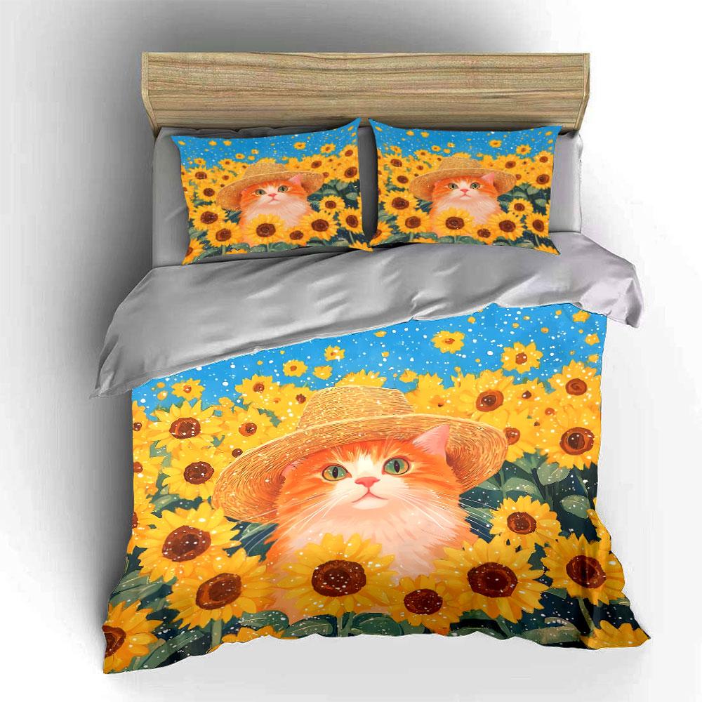Sunflower Cat Decorative Set Soft Skin-Friendly Bedding Set Includes 1 Duvet Cover And 2 Pillowcase Gift