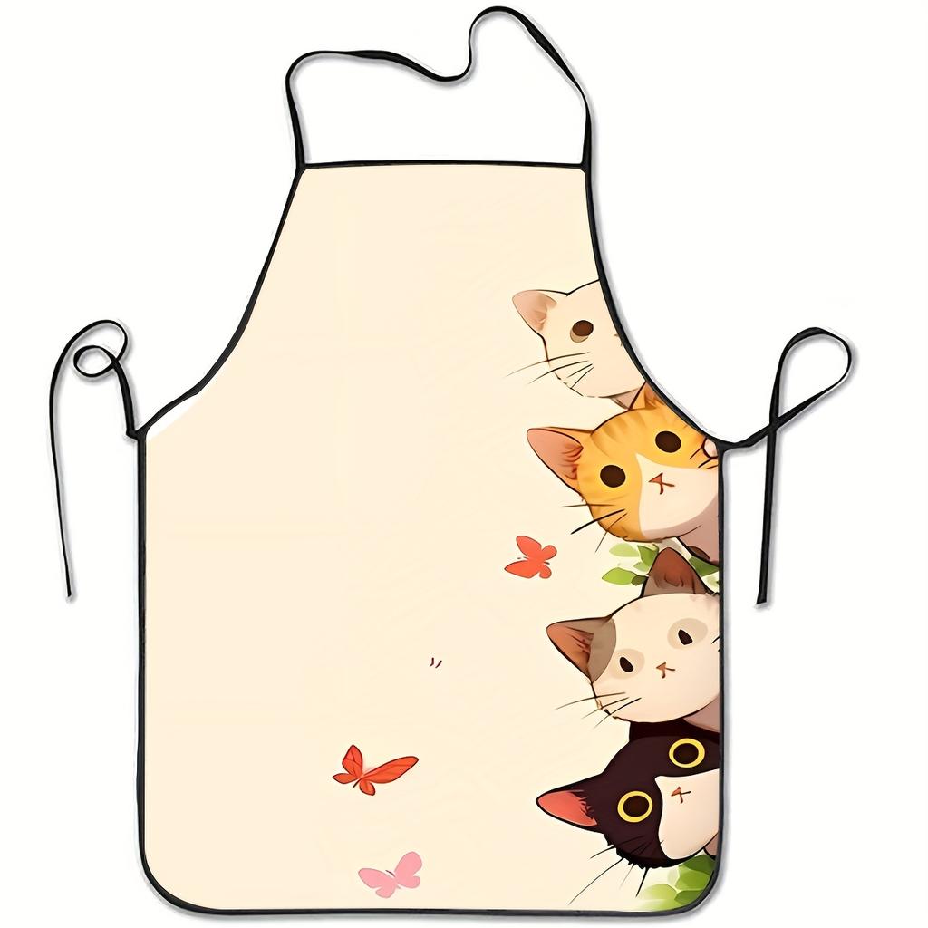 1pc of Cute Anime Cat Apron Featuring Tabby, Tuxedo, Calico, and Solid Color Cat Patterns - Heart-shaped Cutouts and Butterfly Prints, Durable Polyest