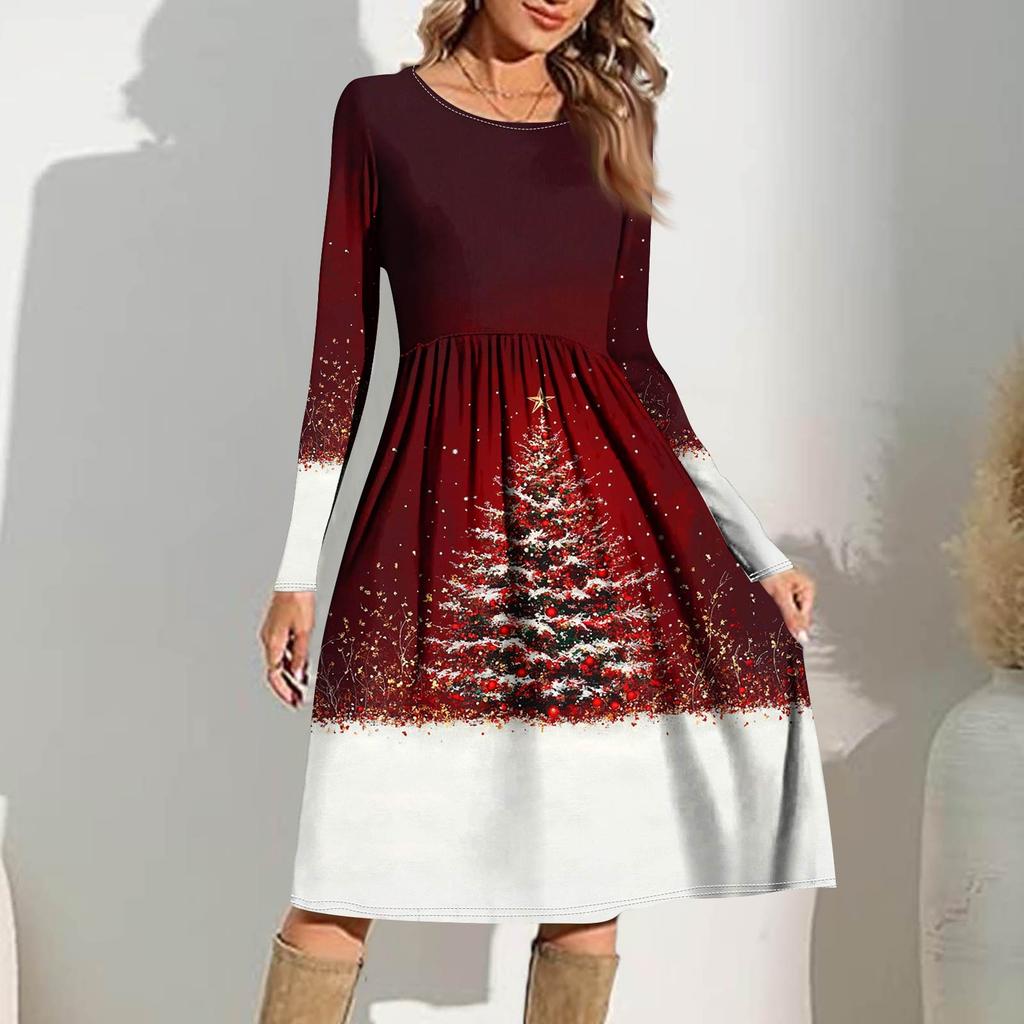 Damen Gradient Bedrucktes Freizeitkleid Frühling Tasche Rundhals Langarm Kleider