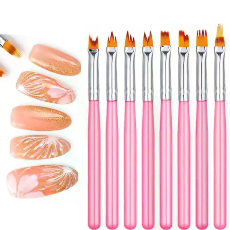 8Pcs Set Oblique Gradient Smudge Nail Flower Drawing Sawtooth Pen Multifunctional Mix Shape Petal Painting Gel Nail Art Brush