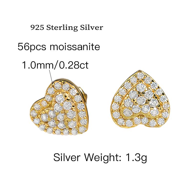 Hip Hop Rock VVS1 D Moissanite Heart-shaped Stud Earrings 925 Sterling Silver Screw Ear Stud Fine Jewelry Diamonds Pass Test