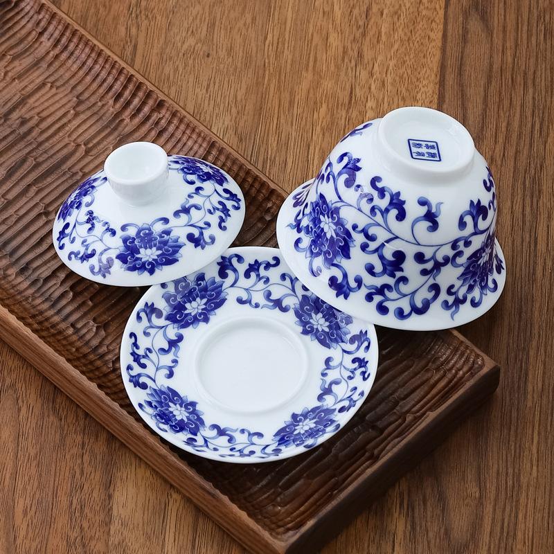 Dehua Blue and White Porcelain Ceramic Gaiwan Household Kung Fu Three Talents Single Serving Bowl Tea Cup Manufactu