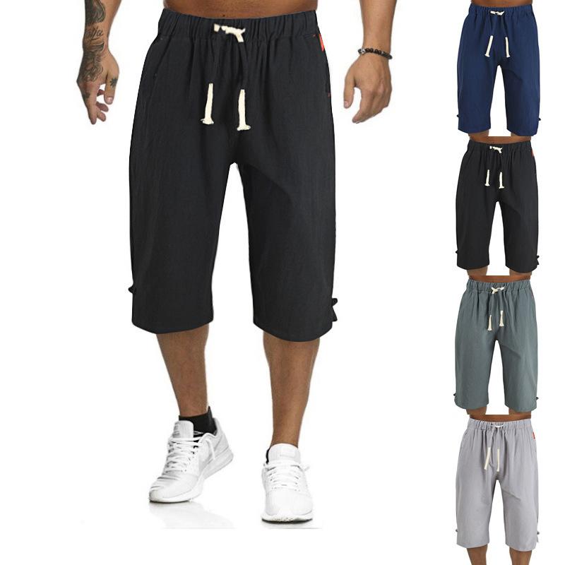Summer Men's Casual Solid Color Shorts, Cotton and Linen Lace Up Leg Buckle Men's Pants
