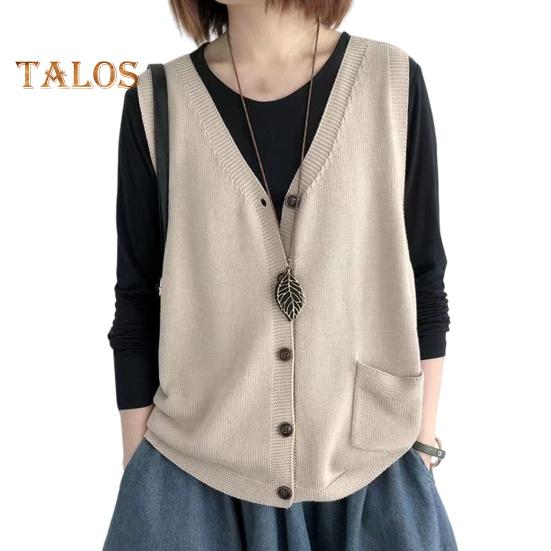 Damska kamizelka dziewiarska z dekoltem w serek, bez rękawów, jednorzędowa, ciepła, jednokolorowa, luźna, dzianinowa, bezrękawnik z kieszeniami