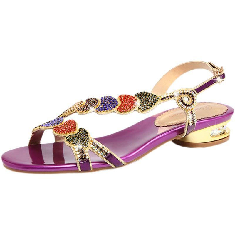 JIMITU Sandali Estivi Nuovi in Pelle da Donna Sandali con Strass a Tacco Basso Fondo Piatto Clip-Toe Tacco Spesso Fiori Sandali di Lusso Regalo
