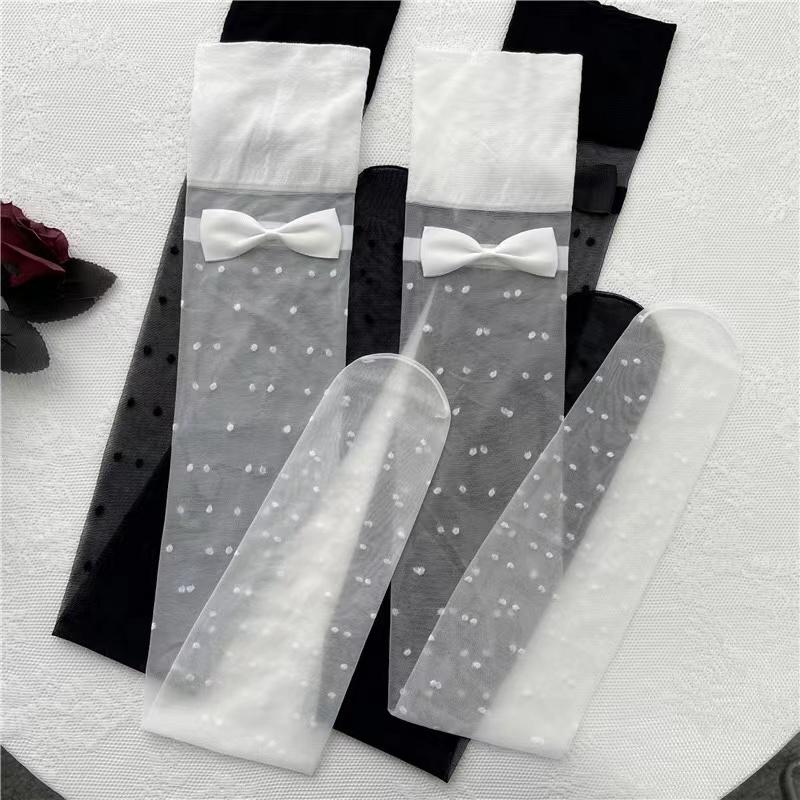 Sexy Women's Hosiery Classic Black Small Polka Dot Stay Up Thigh High Silk Stockings Hose.Ladies Bow Stockings Tights Pantyhose