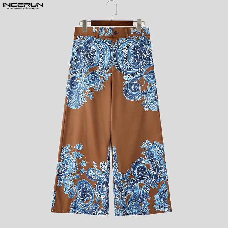 INCERUN Mens Vintage Paisley Print Wide Leg Trousers Casual Loose Straight Pants Bohemian Streetwear High Waist Bottoms