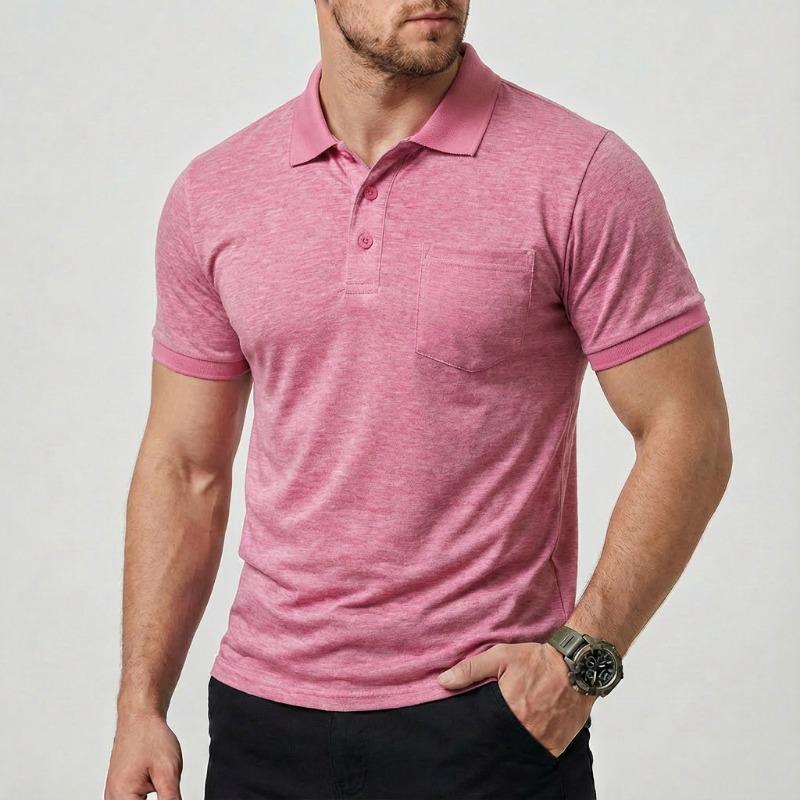 

Men Turn Down Collar Short Sleeve Polo Shirt Chest Pocket Slim Fit Casual Breathable Daily Tops S розовый