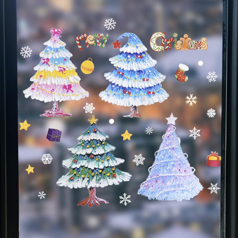 Cartoon Christmas Window Sticker Santa Claus Xmas Tree Double-Sided Glass Sticker Christmas Decoration for Home New Year 2025