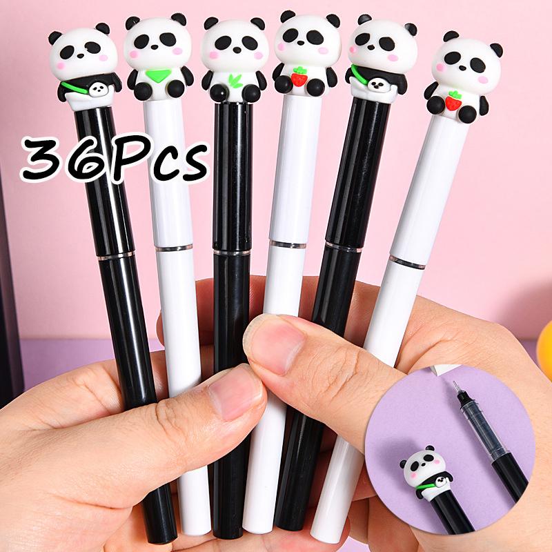 36Pcs Kawaii Panda Shape Cartoon Straight Liquid Quick Drying Gel Pen Stationery School Office Supplies Prize Gift Writing Tools Holiday Gift No