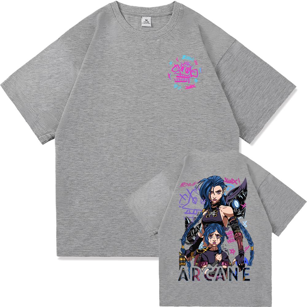 Arcane 2 T Shirts Fashion Men Harajuku Aesthetic Retro Anime Vi Jinx Tshirt Unisex High Quality Cartoon Vintage Cotton Tee Shirt
