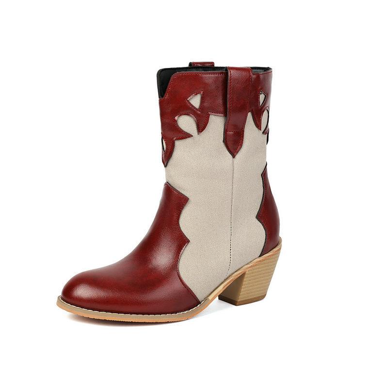  short boots round head thick heel high heel V-mouth western cowboy boots color matching autumn and winter mid-tube knight boots