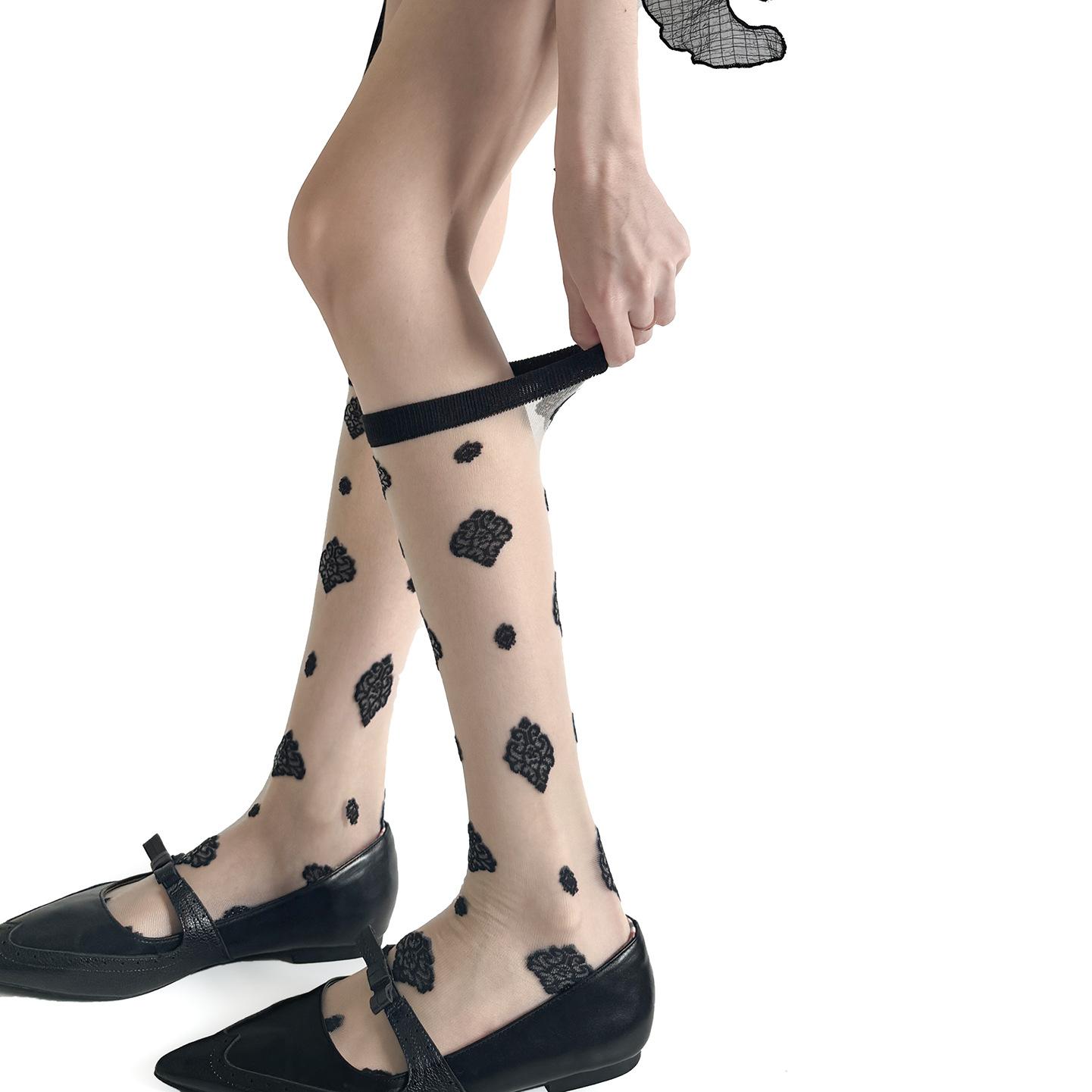 

Sheer Glass Silk Lace Crew Socks Spring Summer Women Ultra Thin Retro Cream White Black Mid-Calf Stockings Ins Breathable One Size