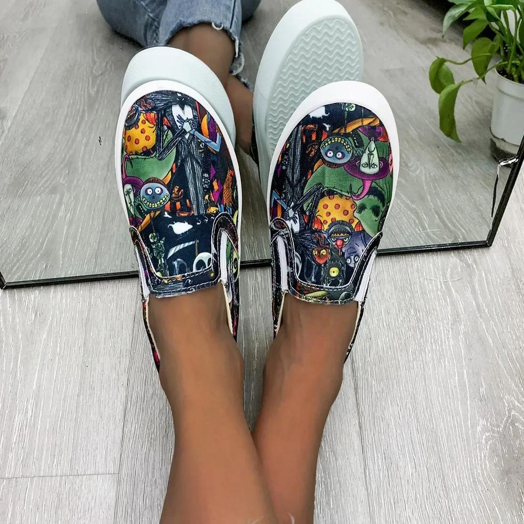Fashion Women's Flat Shoes Graffiti Casual Sneakers Low Cut Slip-on Ladies Canvas Shoe Female Designer Loafers Plus Size Round Toe 2025