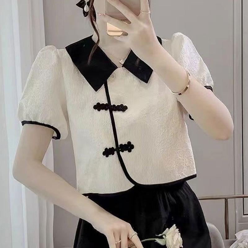 

Винтажная рубашка с китайской дисковой застежкой, асимметричная женская одежда, отложной воротник, летняя базовая блузка с коротким рукавом, жаккардовое плетение XXXL бежевый