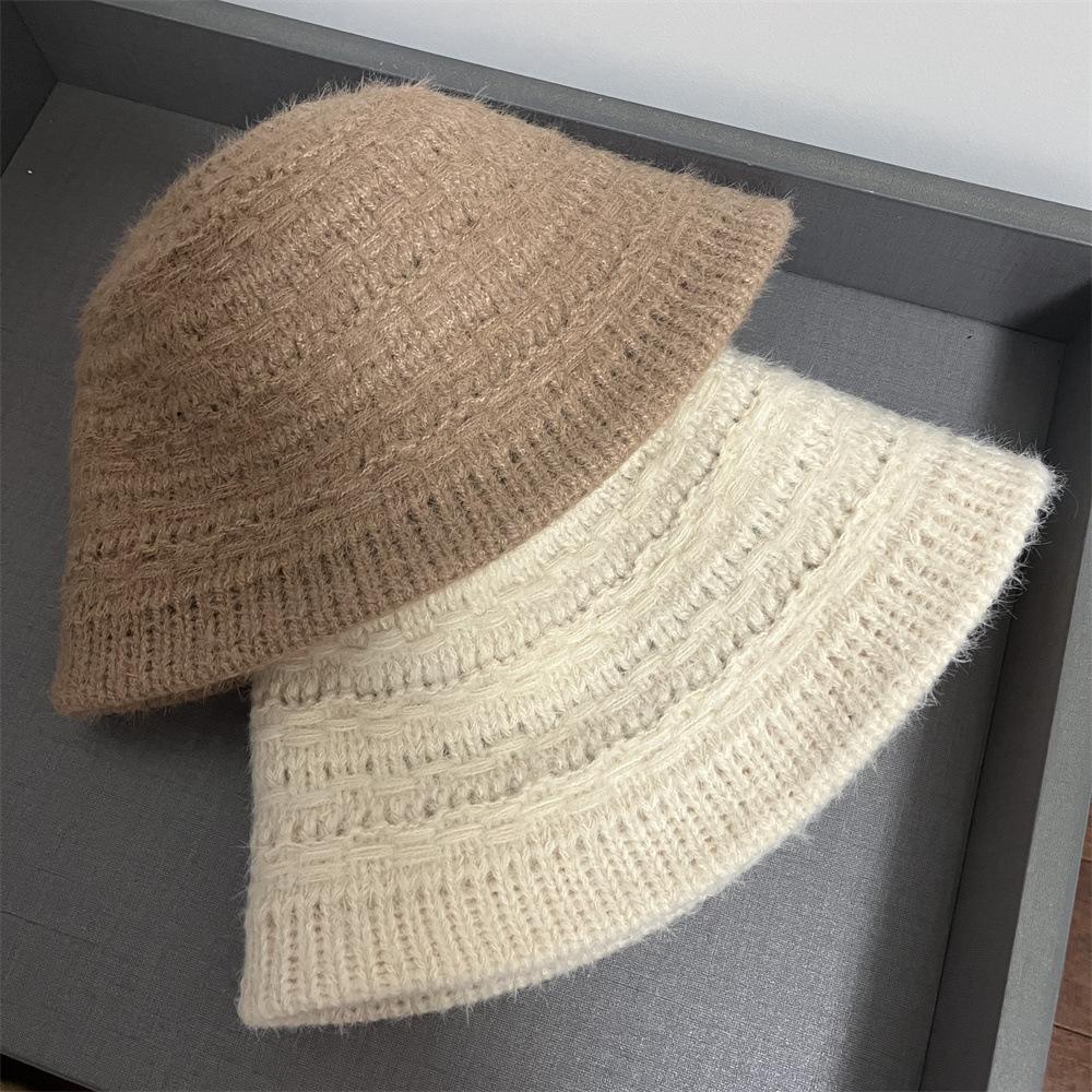 Knitted bucket hat women's autumn and winter new big head circumference women's wool hat versatile casual solid color bucket hat