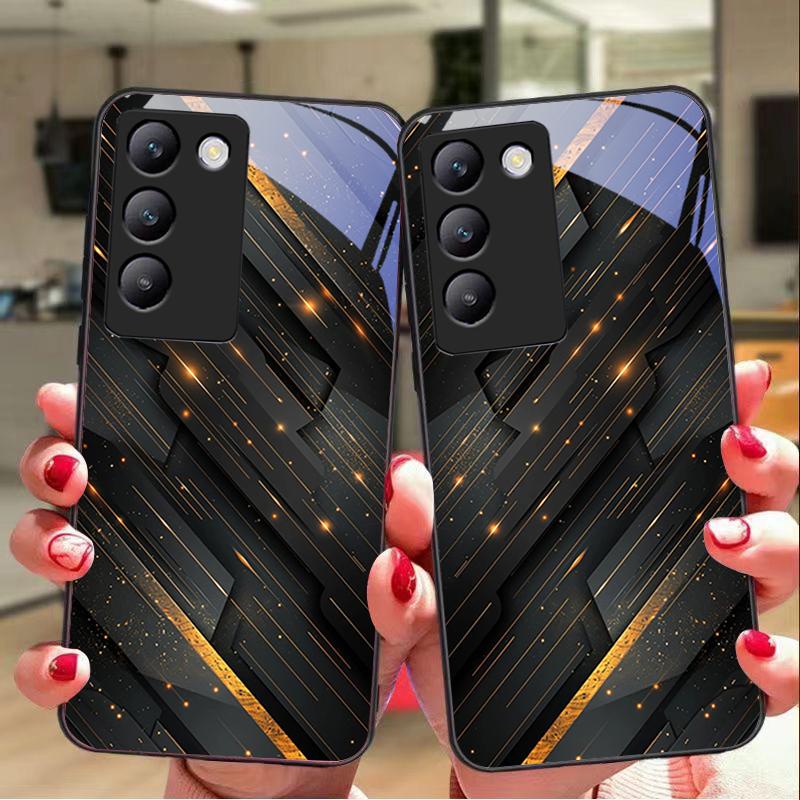 Meteor Golden Bead For Y72 33S 11 03 36 96 Lite 35 16 Iqoo 12 V40 SE 5G 29 40 21 30 X80 Pro Vivo Tempered Glass Phone Case Black