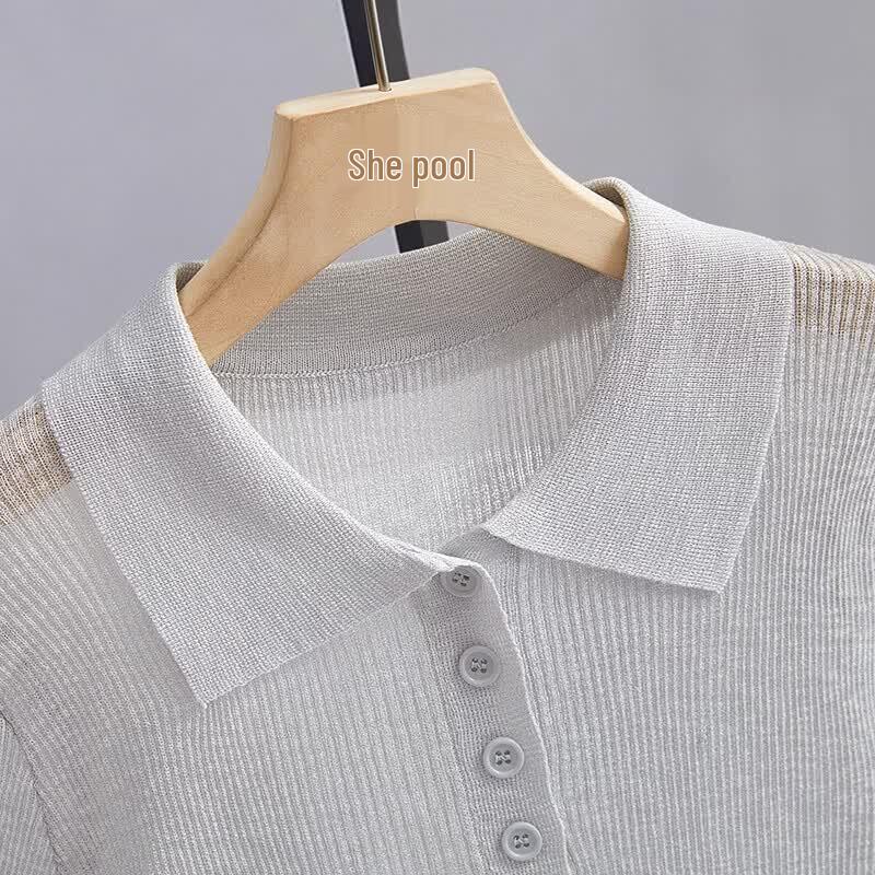 Women's Slim-Fit Polo Neck Short Sleeve Knitted Top