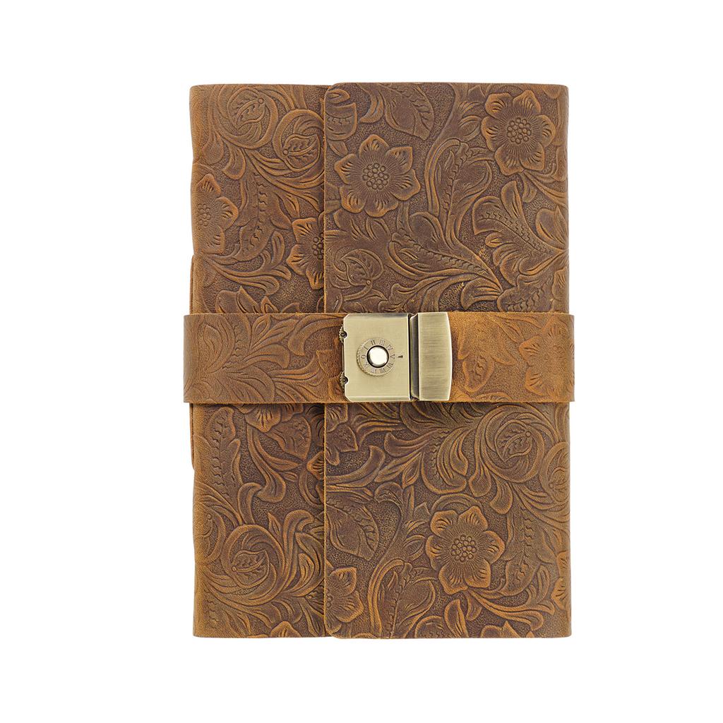 AIGUONIU Retro Handmade Genuine Leather Notebook A7 Hardcover Size with Password Lock Sketchbook for Men and Women
