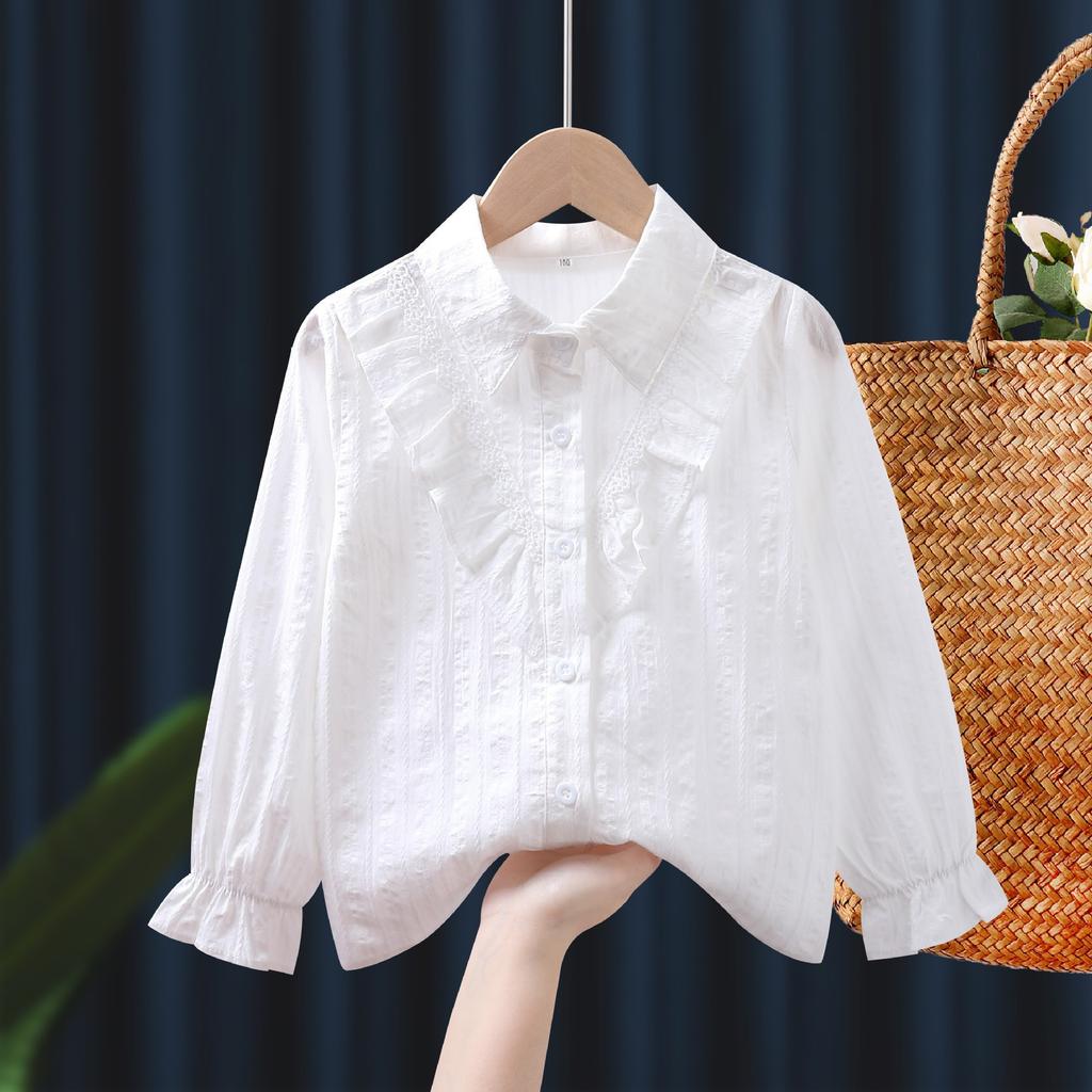 Girls Ruffled Collar Long Sleeve White Blouse Kids Elegant Lapel Button Down Shirt