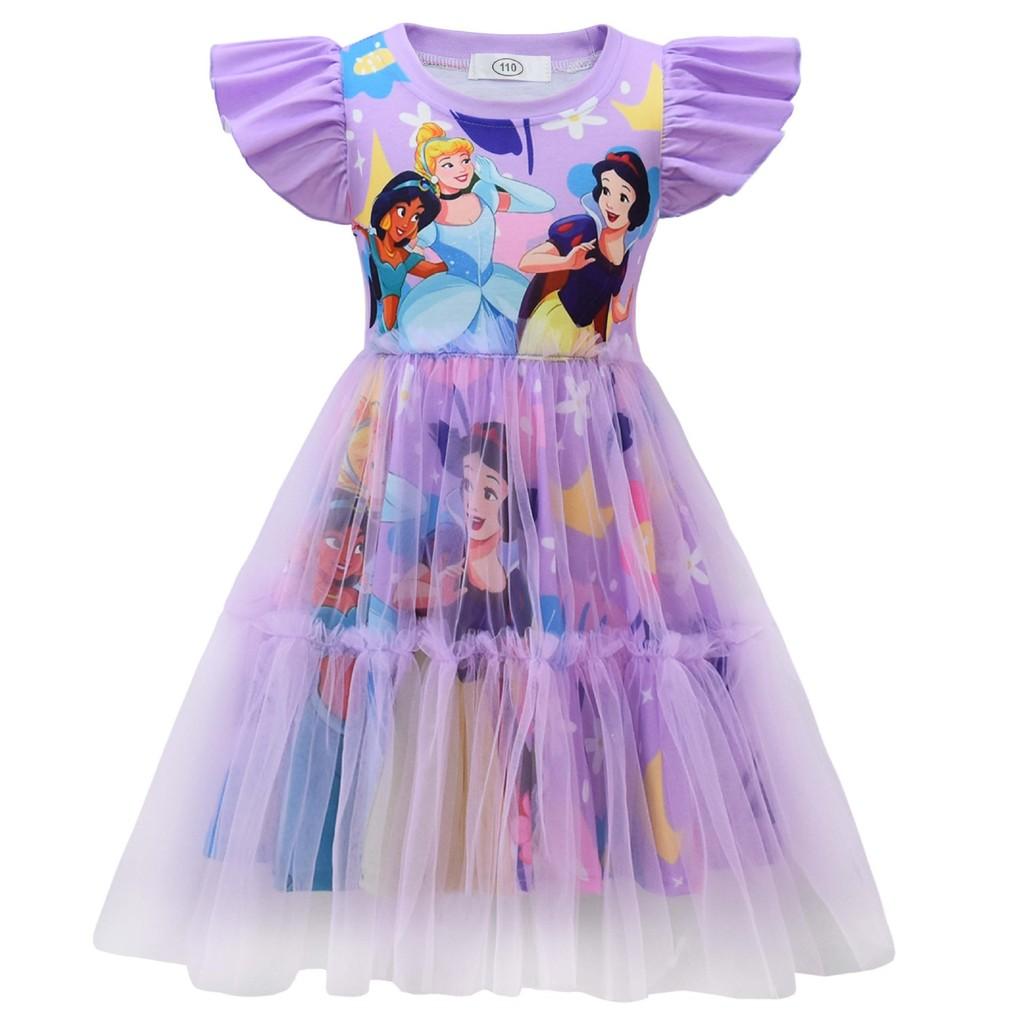 98044 Kids Girls Princess Jasmine Print Round Neck Mesh Dress 110 фиолетовый